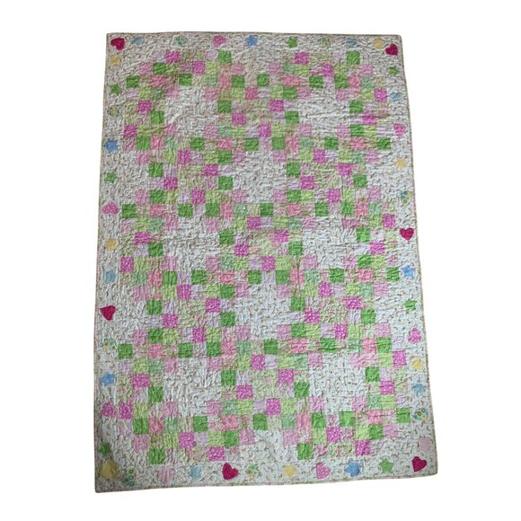 Handmade Patchwork Baby Quilt Pink & Green Floral /Star / Heart Reversible - Picture 4 of 16